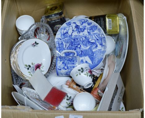 BOX CONTAINING SPODE BLUE & WHITE WARE, VARIOUS TEA WARE, VARIOUS ORNAMENTS, BOXED SET OF CUTLERY, TEA TINS ETC     