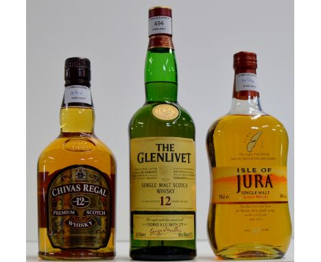 3 BOTTLE WHISKY SELECTION COMPRISING CHIVAS REGAL AGED 12 YEARS OLD PREMIUM SCOTCH WHISKY - 70CL, 40% VOL, THE GLENLIVET 12 Y