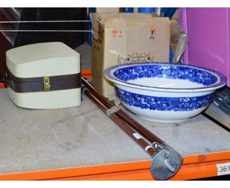 SHOOTING STICK, WALKING STICK, BLUE & WHITE BASIN & 2 OLD PROJECTORS     