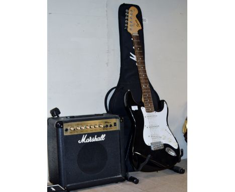 SQUIRE STRAT ELECTRIC GUITAR BY FENDER WITH MARSHALL CARRY CASE & MARSHALL MG15CDR SERIES AMPLIFIER     