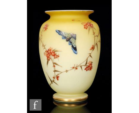 A late 19th Century Thomas Webb &amp; Sons glass vase of shouldered ovoid form with roll rim having a graduated satin yellow 