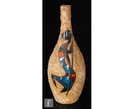 A large 1950s Italian lamp base in the manner of Fantoni, of swollen skittle form decorated with an abstract female figure in