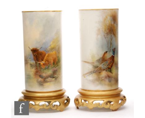 A Royal Worcester shape 161 vase of cylindrical form, painted by Harry Stinton with Highland Cattle in a mountain landscape, 