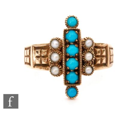 A 9ct hallmarked turquoise and seed pearl ring, central vertical row of six turquoise flanked by three pearls to each side al