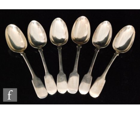 A composed set of six hallmarked silver fiddle pattern table spoons, total weight 14oz , London 1837 and 1840. (6). 