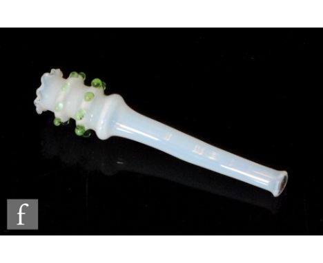 A late 19th Century glass cheroot holder, the opal glass with applied green jewelling, length 8cm. 