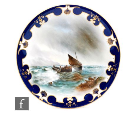 A Royal Worcester plate, painted with fishing boats coming into shore on a choppy sea inside a blue border, signed by Harry D