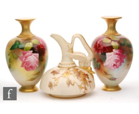 A pair of Royal Worcester shape 302 vases, of footed ovoid form with flared neck and decorated with roses, green mark with da