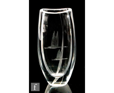 A mid 20th Century Orrefors glass vase designed by Sven Palmqvist, of compressed ovoid form engraved with two geese in flight