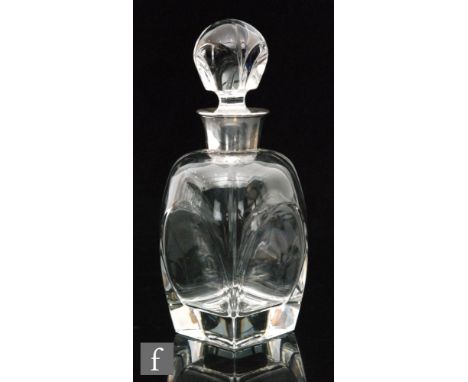 A contemporary glass decanter with hallmarked silver collar, shouldered square form with conforming stopper, marked Bohemia t