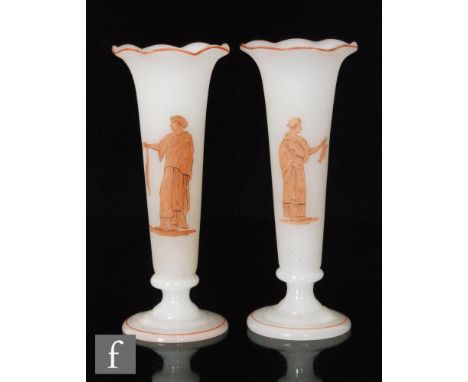 A pair of 19th Century Richardsons vases of footed flared form with petal rim, enamelled in the Etruscan taste with classical