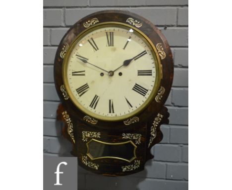 A 19th Century coromandle and rosewood cased drop dial wall clock, with twin fusee movement, the case inlaid with mother of p