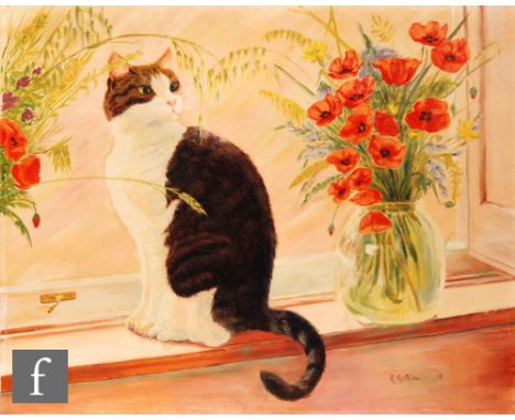 R MATTHIEU (CONTEMPORARY) - Cat on a window ledge, oil on board, signed, unframed, 41cm x 51cm, also six various watercolours
