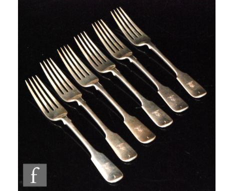 A set of six Victorian hallmarked silver fiddle pattern dinner forks, engraved crest to terminals, weight 14.5oz, London 1859