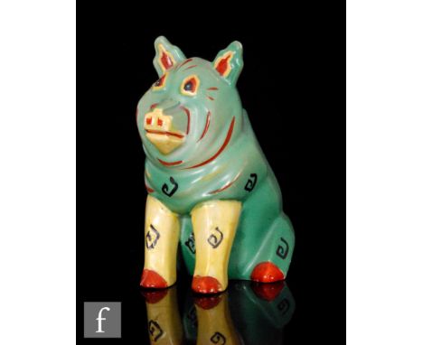 An early 20th Century Louis Wain Lucky Pig figure modelled as a seated pig, painted in green, yellow, red and black, facsimil