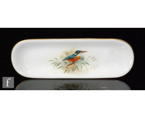 A 1920s Royal Worcester pen tray or trinket dish decorated by Powell with a hand painted kingfisher, signed, puce mark with d