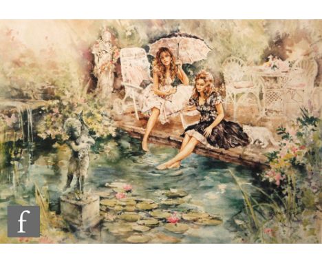GORDON KING (B. 1939) - 'Two Girls sitting by a Pond', photographic reproduction, signed in pencil, number 509/850, framed, 4