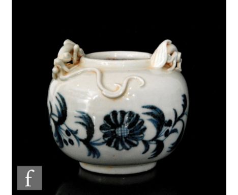 A Chinese blue and white porcelain brushwasher, of rounded globe form, applied to the upper shoulder with two wrythen dragons