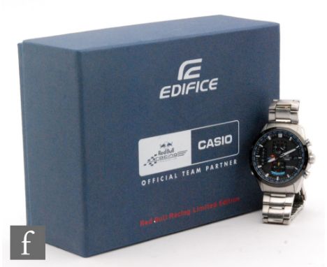 A gentleman's stainless steel Casio Edifice Red Bull wrist watch model no 5239 with box and papers. 