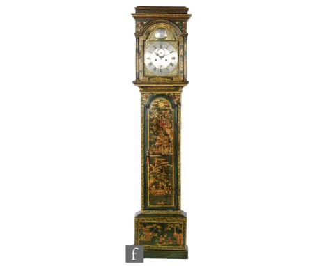 A late 18th Century longcase clock with green painted and Chinoiserie lacquered detail, the caddy shaped top over a later ass