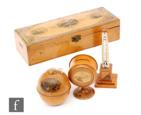 Eleven items of assorted Mauchline Ware to include a thermometer, money box etc, with two related books. (13) 