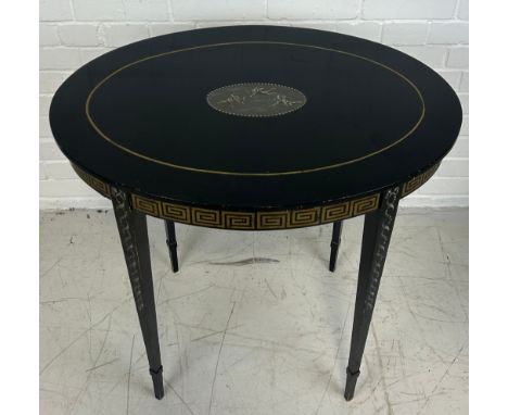 A CLASSICAL DESIGN EBONISED OVAL CONSOLE TABLE DECORATED WITH GREEK KEY BORDERRaised on four tapering legs.74cm x 74cm x 51cm
