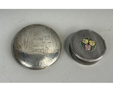 JUDAICA 800 SILVER COMPACT AND MIRROR ALONG WITH A WHITE METAL ENAMEL BOX