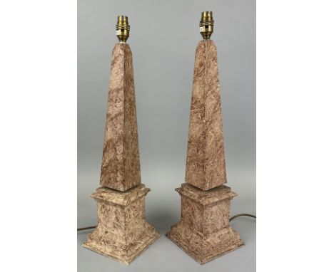 A PAIR OF GRAND TOUR FAUX MARBLE PAINTED OBELISK TABLE LAMPS58cm x 16cm each.