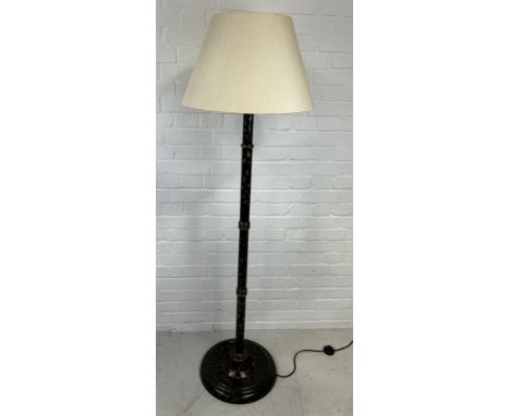 A BLACK LACQUERED CHINOISERIE STANDARD LAMP BY OKA145cm HWith shade.