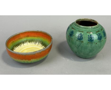 A GREEN GLAZED CERAMIC JAR SIGNED TO VERSO ALONG WITH A SHELLEY POTTERY BOWL,Jar 13cm H 