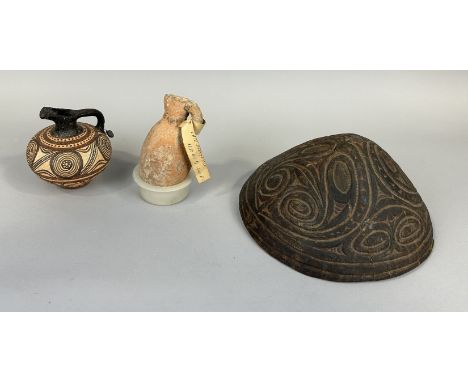 AN ANCIENT ROMAN VASE ALONG WITH AN ANCIENT BOWL AND A MUSEUM REPLICA VASE (3)Largest 26cm D