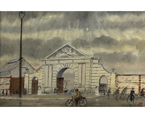 AN OIL PAINTING ON BOARD DEPICTING DOCKYARD WORKERS AT THE UNIVORN GATE, PORTSMOUTHPartial label to verso for The Society of 