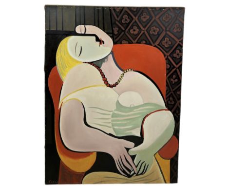 AFTER PABLO PICASSO: A LARGE OIL PAINTING ON CANVAS 'DREAMING WOMAN'Signed bottom left.130cm x 97cm