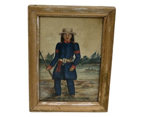 AN 18TH OR 19TH CENTURY WATERCOLOUR PAINTING ON PAPER DEPICTING AN AMERICAN INDIAN TRAPPER WITH GUN CROSSING A RIVER WITH CAN