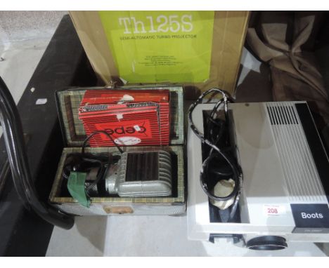 A Boots TH125S semi automatic slide projector, screen and Bell slide projector