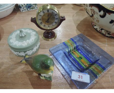 An art glass pin dish, Beswick Greenfinch , Jasperware trinket and small clock