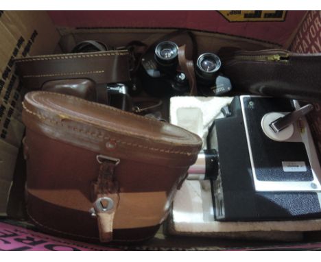 An Ilford Sportsman camera, a Fujica 35 Auto M, a Mayoral Zoom 8mm cine camera, a Rexina tripod and a pair of Yashica 8 X 30 