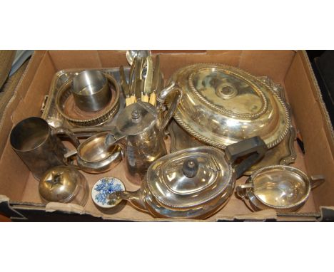 A box of miscellaneous silver plated wares to include; waiter with engraved swag and bow decoration and presentation inscript