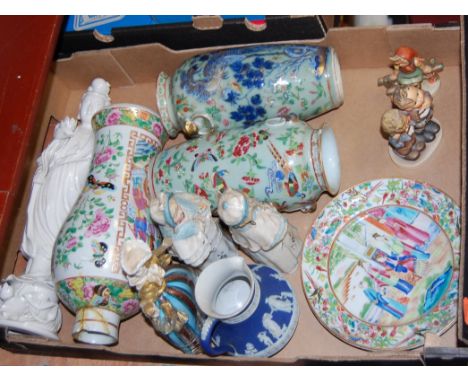 A box of miscellaneous items to include; pair of 19th century Chinese Canton famille verte plates, pair of early 20th century