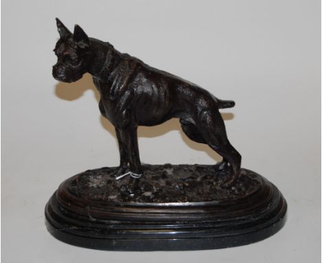 After Pierre Jules Mene - bronze model of a boxer dog in standing pose, on naturalistic base, raised on further marble plinth