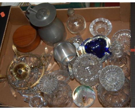 A box of miscellaneous items to include Stuart Crystal cut glass decanter and stopper, Edinburgh Crystal coin inset mantel cl