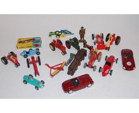 A Corgi model of a Ferrari Formula 1 Grand Prix racing car, boxed; together with various loose diecast farm vehicles etc 