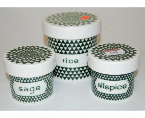 Robert Jefferson for Poole Pottery, a set of three 1960s storage jars and covers, in the Green Diamond pattern, bearing label