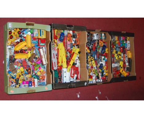 Three boxes of assorted loose and playworn diecast toy vehicles to include; Matchbox Superkings tractor and trailer, Matchbox