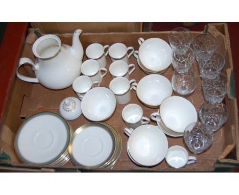 A Royal Doulton part tea and coffee service in the Clarendon pattern H4993 together with a small collection of glassware