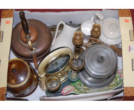 A box of miscellaneous items to include; copper range kettle, 1920s oak biscuit barrel, reproduction mantel clock etc 