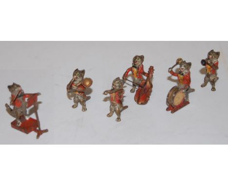 A set of six miniature painted ***BRONZE*** cat musician figures