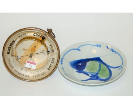 An early 20th century continental brass cased barometer together with a modern Chinese style shallow bowl (2)