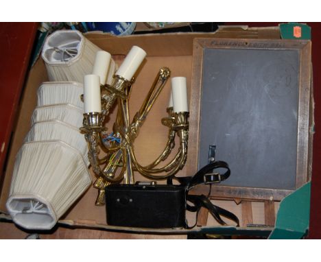 A box of miscellaneous items to include; early 20th century childs miniature blackboard, Kodak brownie camera, pair of brass 
