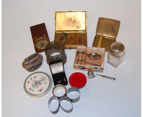 A collection of miscellaneous items to include; silver topped glass dressing table jar, silver napkin rings, shagreen covered